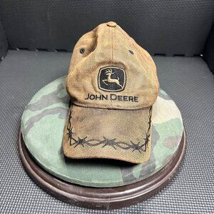 John Deere Brown Distressed Hat With Embroidered Logo & Barbed Wire Design